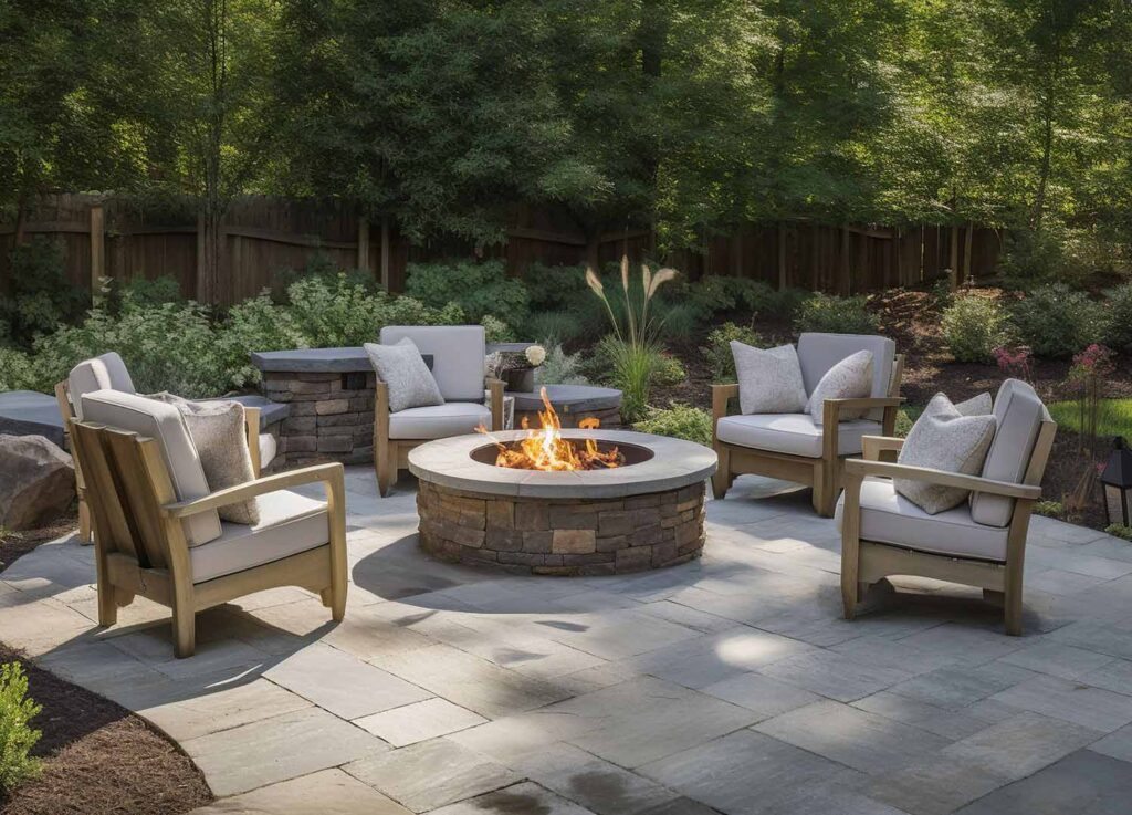 A charming backyard setting with a circular fire pit surrounded by plush seating, nestled among mature trees, offering a perfect spot for evening relaxation.
